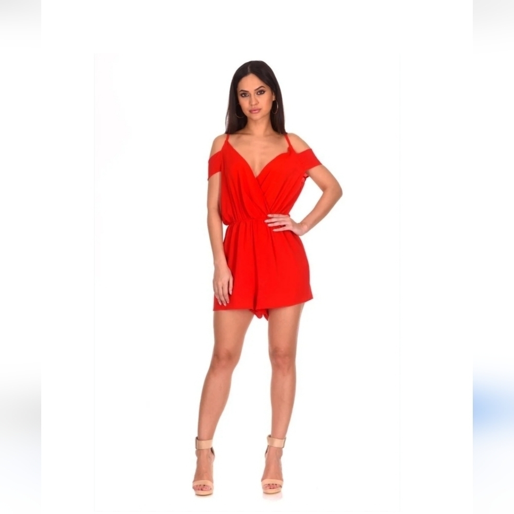 Nasty Gal  Off Shoulder Deep V Red Romper 6